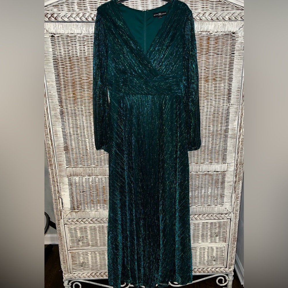 Betsy & Adam Emerald Green Shimmery Long Sleeve Prom Dress